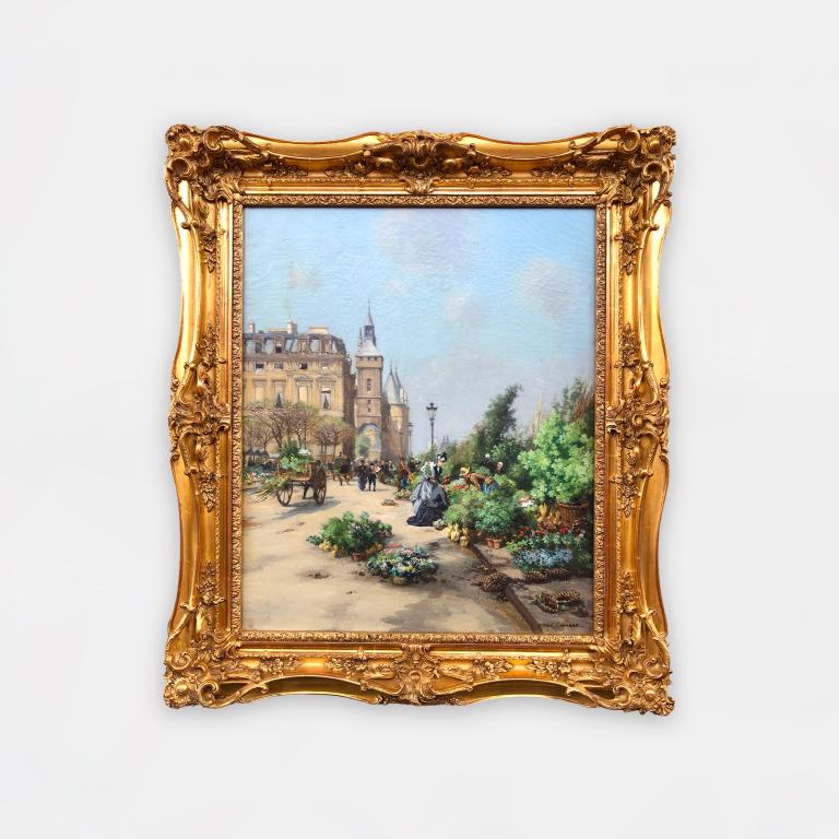 Painting by Emile Laborne titled Paris, the Flower Market and the Conciergerie