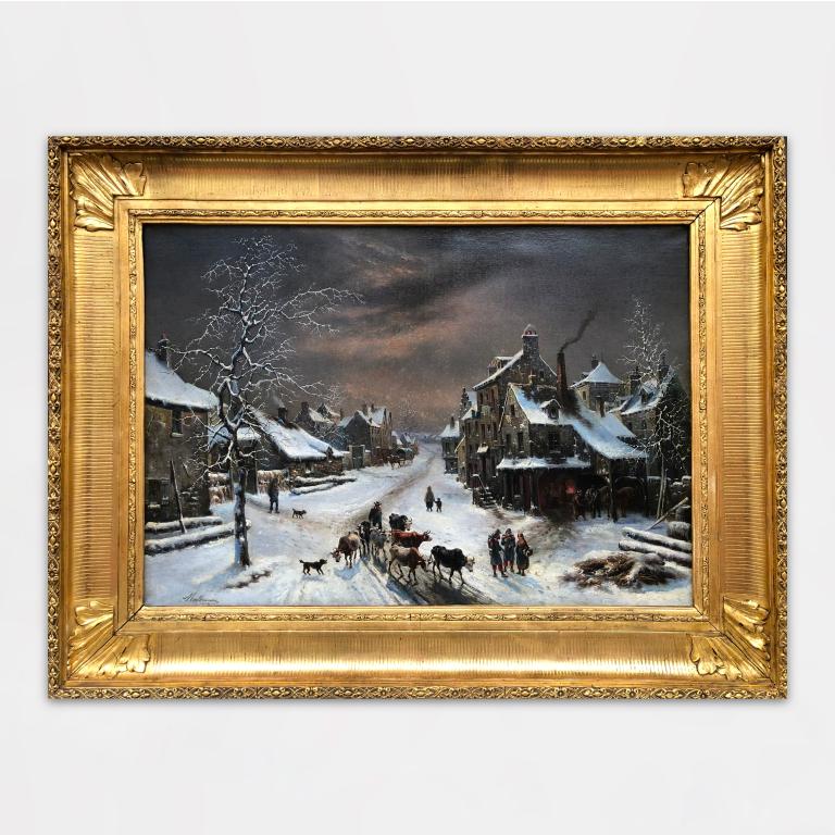 Bustling scene at the village entrance by Louis Claude Malbranche