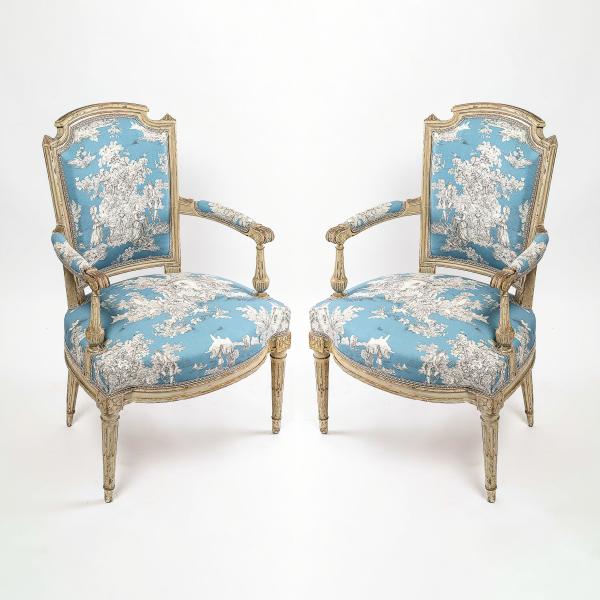 French Louis XVI Period, Lacquered-Fruitwood Pair of Armchairs Circa 1780 