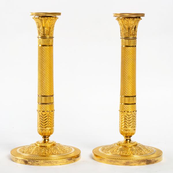 French Empire Period Pair of Gilt-Bronze Candlesticks
