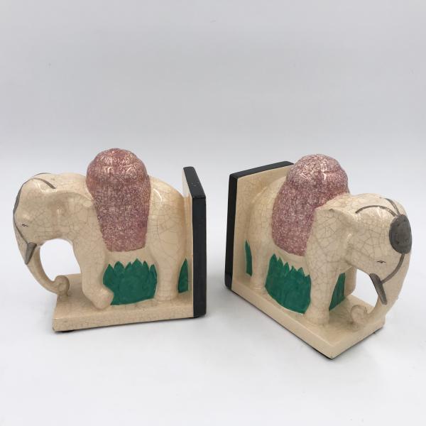 Rare pair of bookends with caparisoned Indian elephants