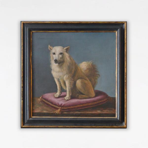 Dog on a cushion, painting by P.M. Bernard
