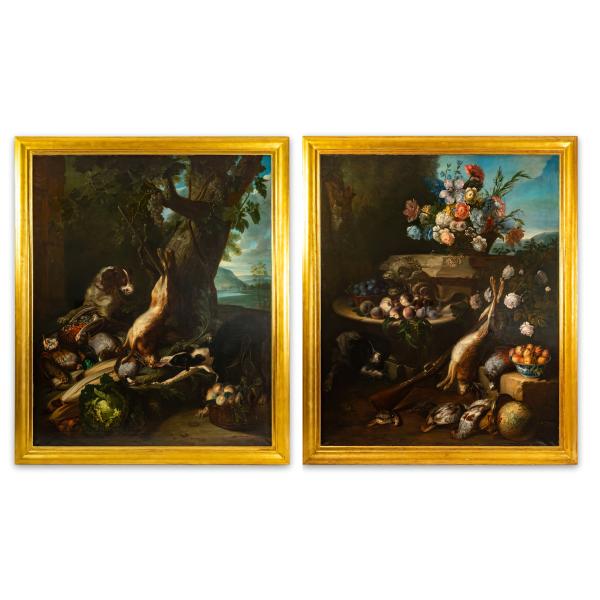 Pair of paintings by Lucien Przepiorski, fruits, dogs and bouquets of flowers after Desportes