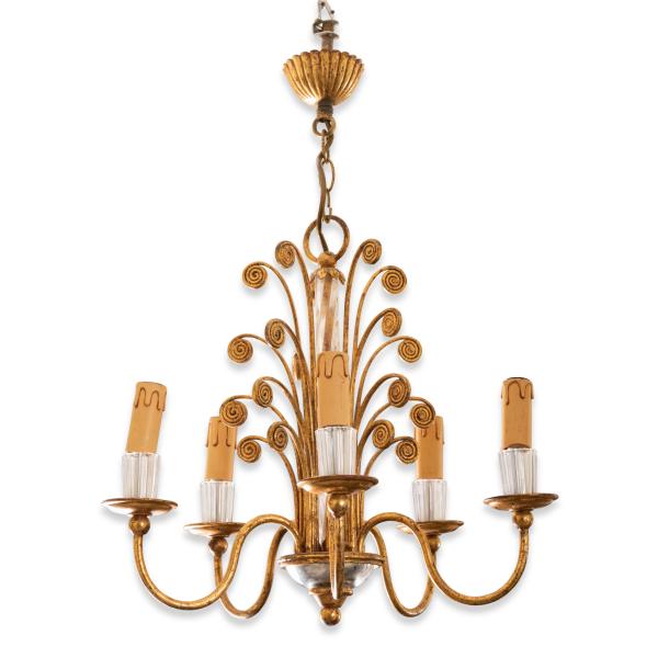 Small chandelier in gold metal and glass, 60's