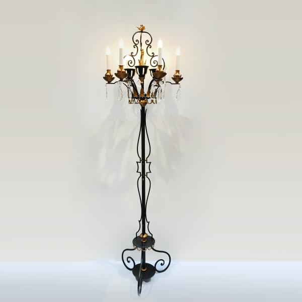 Wrought iron floor lamp with black and gold patina
