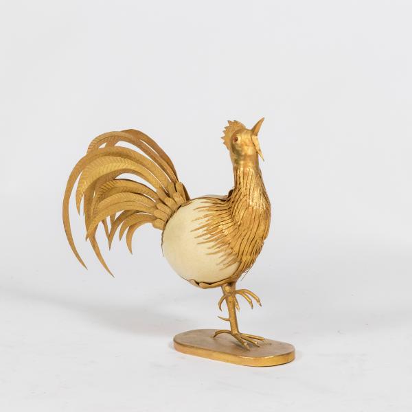 Ostrich egg cockerel and gilded brass, 1970s
